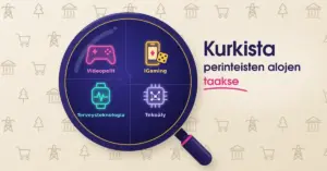 Suurennuslasi paljastaa perinteisiä toimialoja kuvaavien voimalinja-, metsä-, pankki- ja ostoskärryikonien takaa neonväriset uudet kasvualat – videopelit, iGamingin, terveysteknologian ja tekoälyn – ja vieressä lukee "Kurkista perinteisten alojen taakse".
