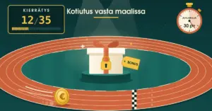 Kuvituksessa kultainen eurokolikko kiitää juoksuradalla kohti maaliviivaa, kun tulostaulu näyttää kierrätyksen tilanteeksi 12/35 ja sekuntikello 30 päivän aikarajan, ja radan keskellä odottaa riippulukolla lukittu BONUS-lahjapaketti otsikon ”Kotiutus vasta maalissa” alla.