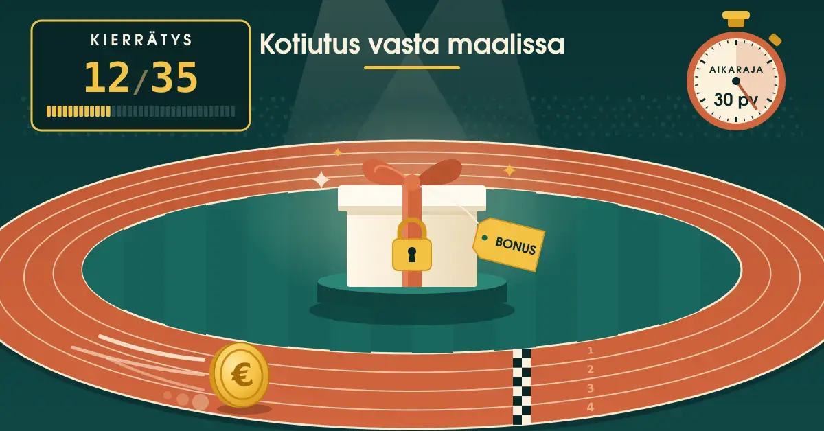 Kuvituksessa kultainen eurokolikko kiitää juoksuradalla kohti maaliviivaa, kun tulostaulu näyttää kierrätyksen tilanteeksi 12/35 ja sekuntikello 30 päivän aikarajan, ja radan keskellä odottaa riippulukolla lukittu BONUS-lahjapaketti otsikon ”Kotiutus vasta maalissa” alla.