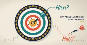 Piirroskuva tikkataulusta, jonka keskellä on kultainen kryptokolikko ja siihen osunut tikka, kun taas toinen tikka on osunut ohi laskevaan kurssikaavioon, ja tekstit kysyvät "Hitti?" ja "Huti?".