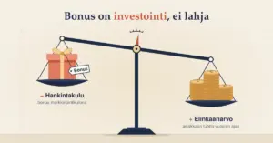 Vaa'an kuvitus, jossa kevyemmässä kupissa on "Bonus"-lapulla varustettu lahjapaketti hankintakuluna ja painavammassa kupissa eurokolikkopinoja asiakkaan elinkaariarvona, otsikkona "Bonus on investointi, ei lahja".