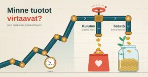Kuvituksessa nousevan kurssikäyrän muotoinen putki kuljettaa sijoitustuotot venttiilille, josta eurokolikot virtaavat joko kulutusta kuvaavaan ostoskassiin tai säästöpurkkiin, jossa kasvaa taimi, ja putkessa oleva mittari näyttää 30 %:n veron.