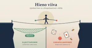 Nuorallakävelijä tasapainoilee kahden kallion välillä jännitetyllä köydellä: sijoittamisen puolella alla on vihreä "Hajautus"-turvaverkko ja positiivinen odotusarvo, uhkapelaamisen puolella noppa, pelikortti, pelimerkki ja kolikot putoavat tyhjyyteen negatiivisen odotusarvon merkkinä.