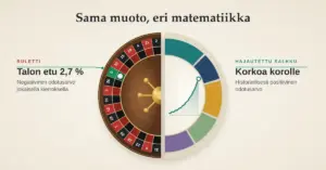 Kuvituksessa ympyrä on halkaistu kahtia: vasemmalla puoliskolla on rulettipyörä, jonka kuula on pysähtynyt vihreään nollaan merkinnällä "Talon etu 2,7 %", ja oikealla puoliskolla hajautetun salkun värikäs rengaskaavio ja nouseva korkoa korolle -käyrä otsikon "Sama muoto, eri matematiikka" alla.