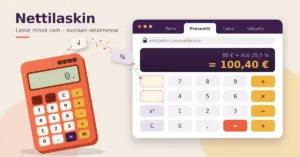 Oranssista taskulaskimesta lentää prosentti- ja neliöjuurinäppäin selainikkunaan, jossa nettilaskin näyttää laskun 80 € + ALV 25,5 % = 100,40 €.
