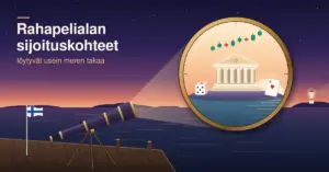 Hämärän laiturilla Suomen lipun vieressä seisova kaukoputki tähyää meren yli, ja sen linssissä näkyy saarella pylväikköinen pörssirakennus, nouseva kynttiläkaavio, noppa ja pelikortti otsikon ”Rahapelialan sijoituskohteet löytyvät usein meren takaa” rinnalla.